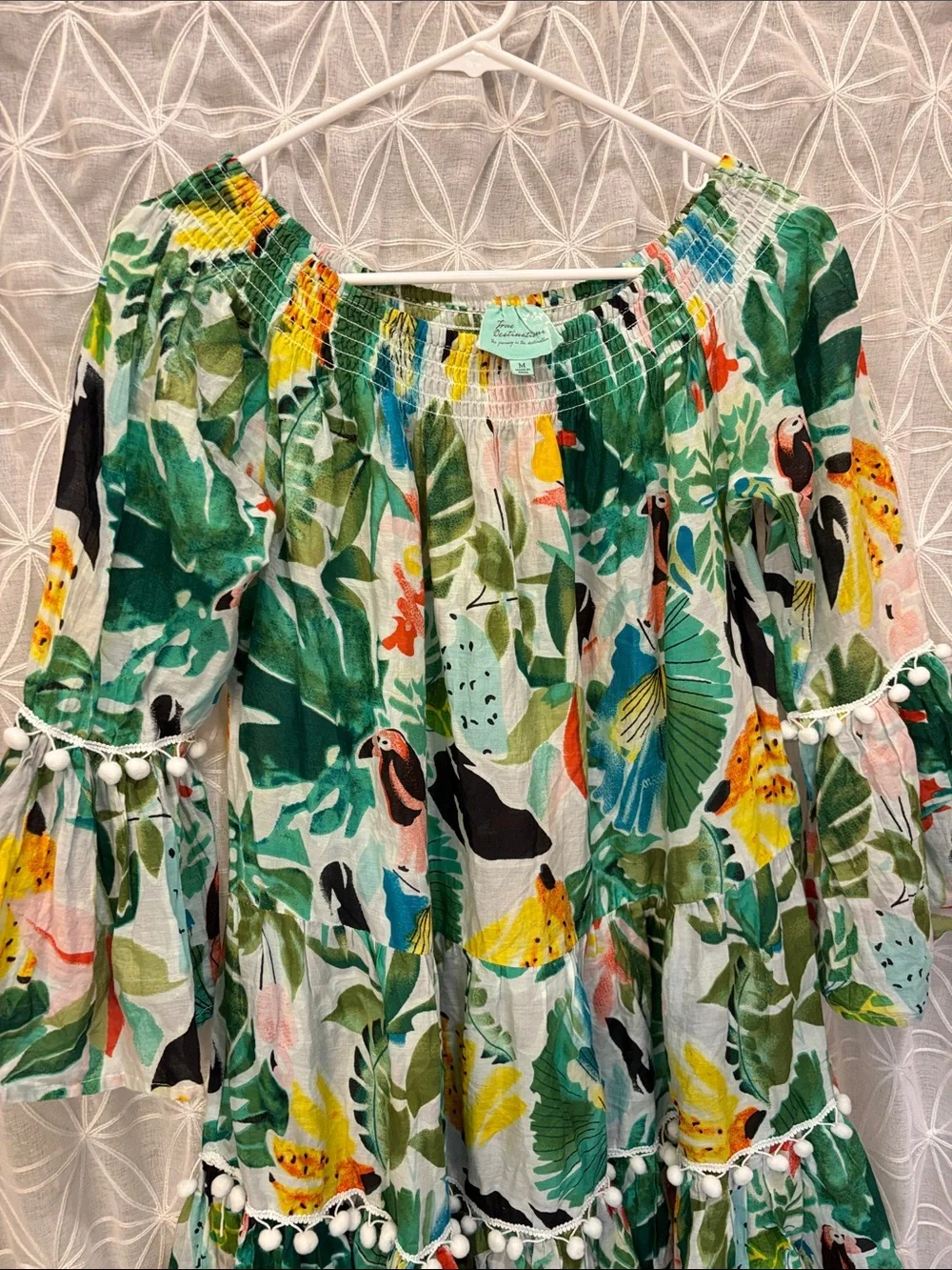 True Destinations Tropical Bird Print Smocked Dress- Green & Yellow - Picture 3 of 8